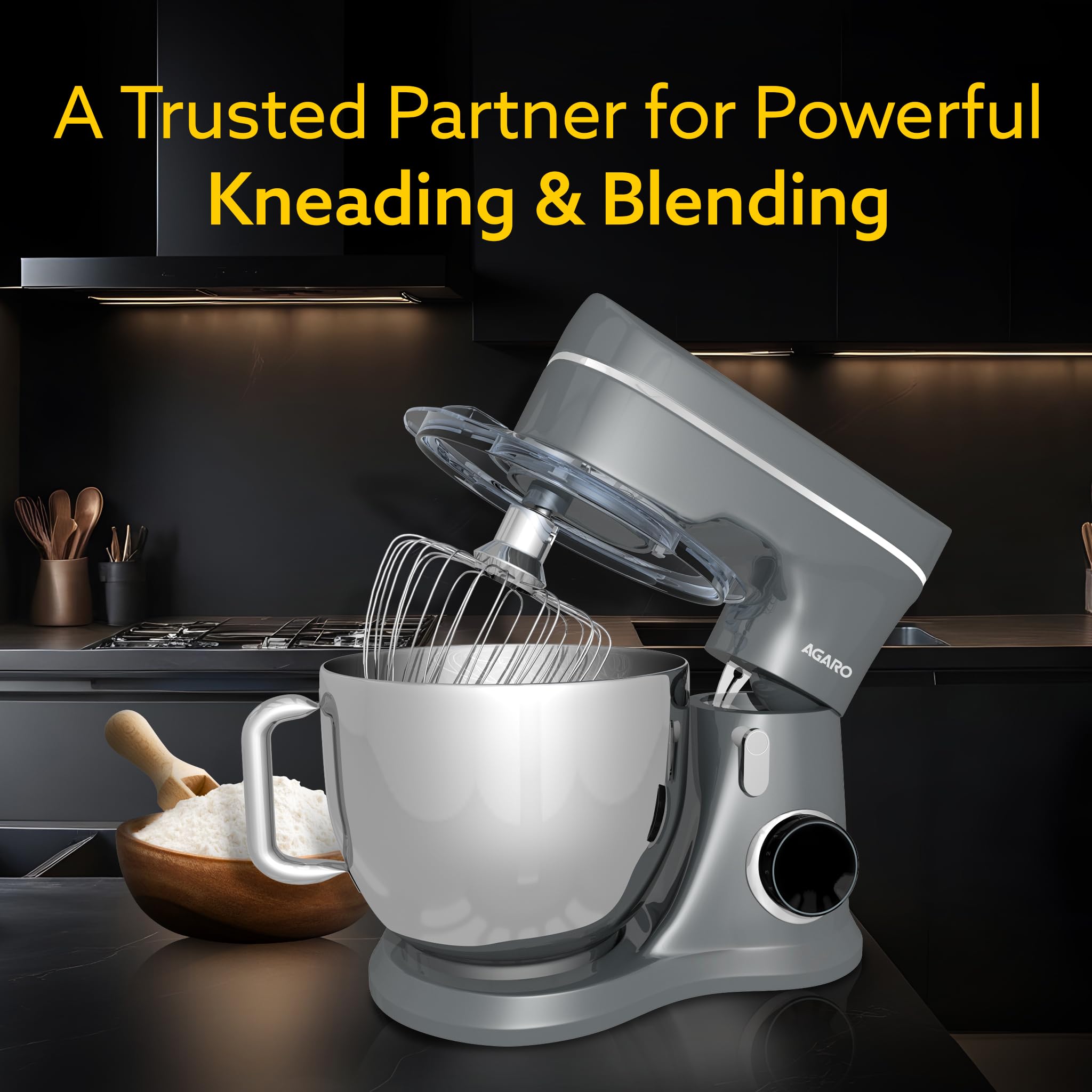 AGARO Elegant Stand Mixer, 1400W with 5.5L SS Bowl, 10 Speed Settings, Pulse Function, 100% Copper Motor, Includes Whisker, Beat